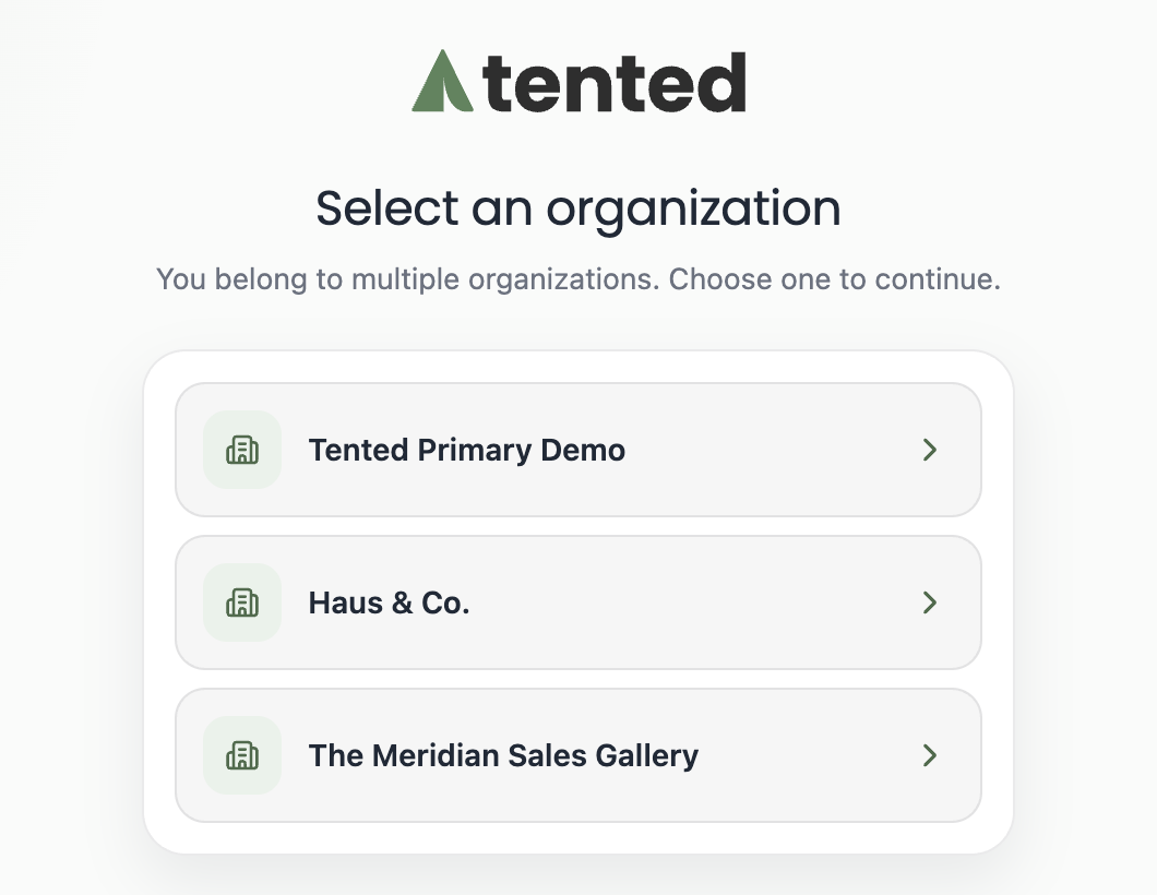 A screenshot of the Select an organization page at login, listing three workspaces to choose from.