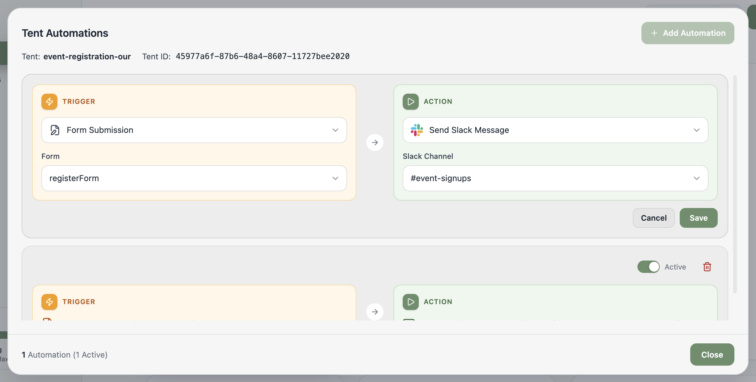 A screenshot of the Tent Automations window showing the options for setting up form submission notifications in Slack.