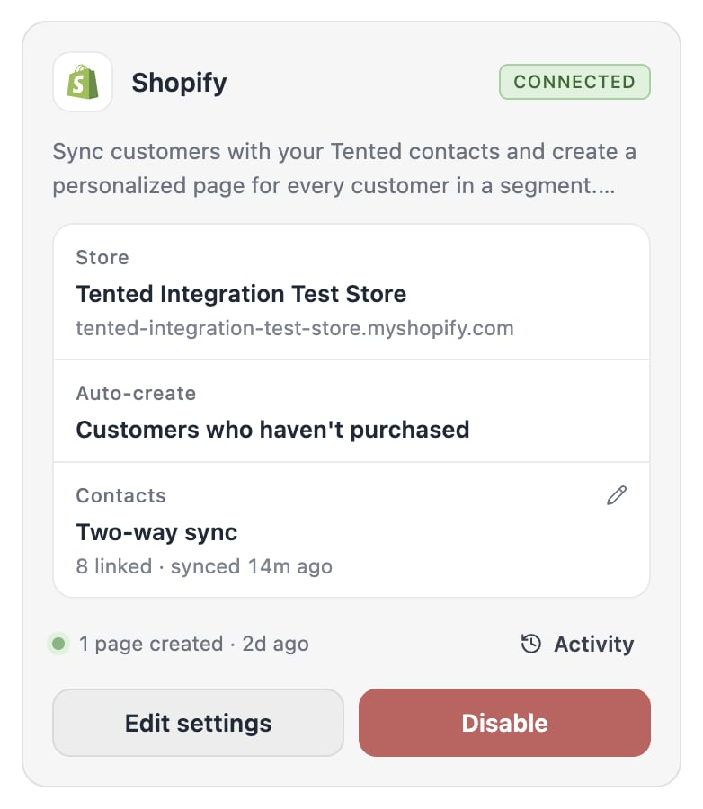 The Shopify tile once connected: store, segment, contact sync status, and last sync.