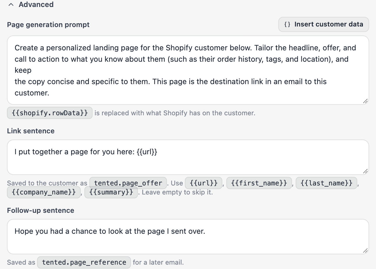 The Advanced section with the page generation prompt, the link sentence, and the follow-up sentence.