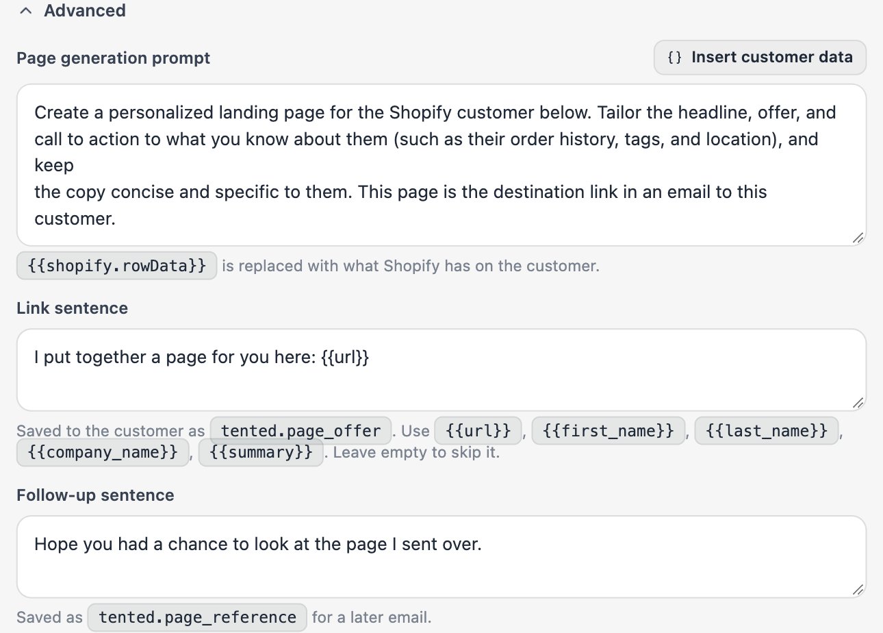 The Advanced section with the page generation prompt, the link sentence, and the follow-up sentence.