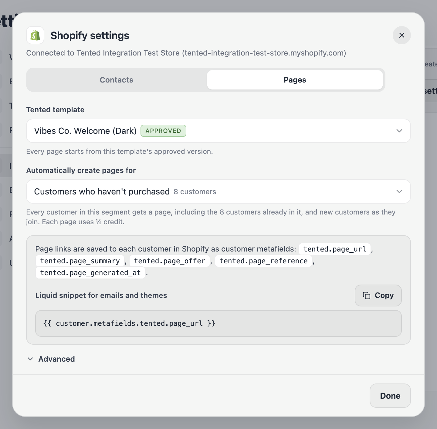 The Pages step: the template, the chosen segment, and the metafields Tented saves to each customer.