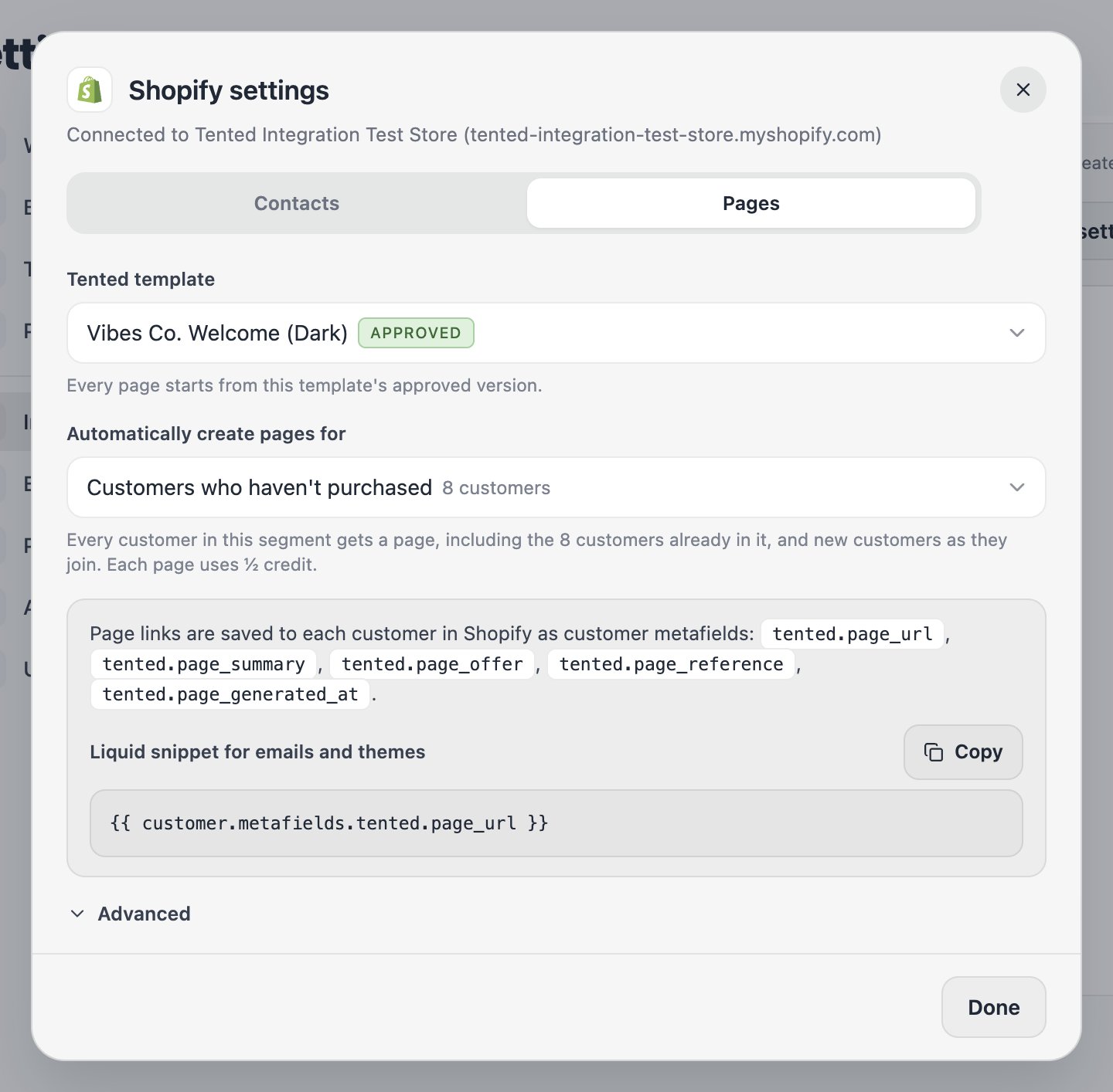 The Pages step: the template, the chosen segment, and the metafields Tented saves to each customer.
