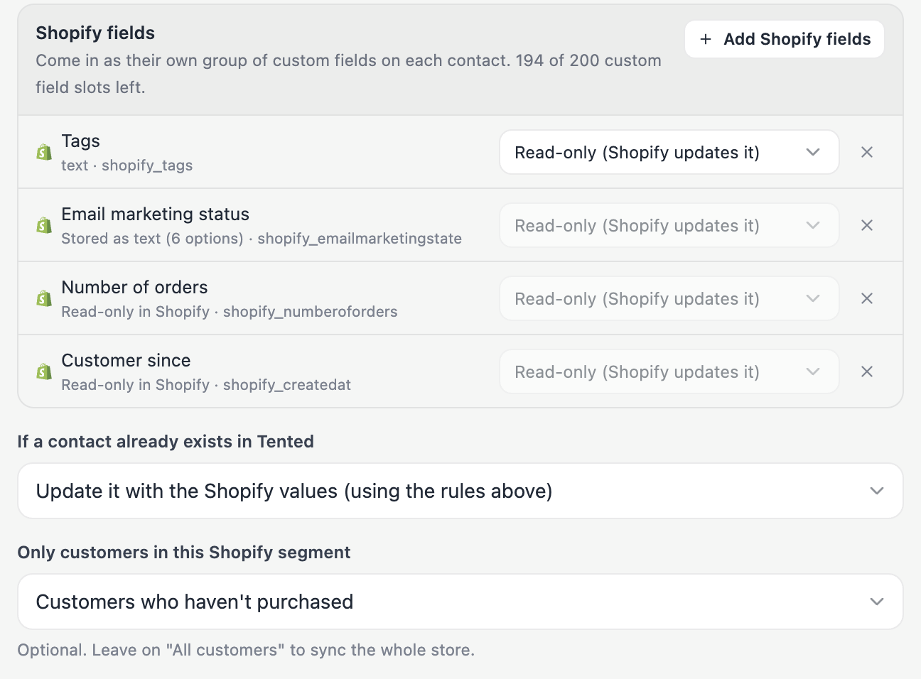 Shopify fields added to the sync, the duplicates choice, and the segment the sync is limited to.
