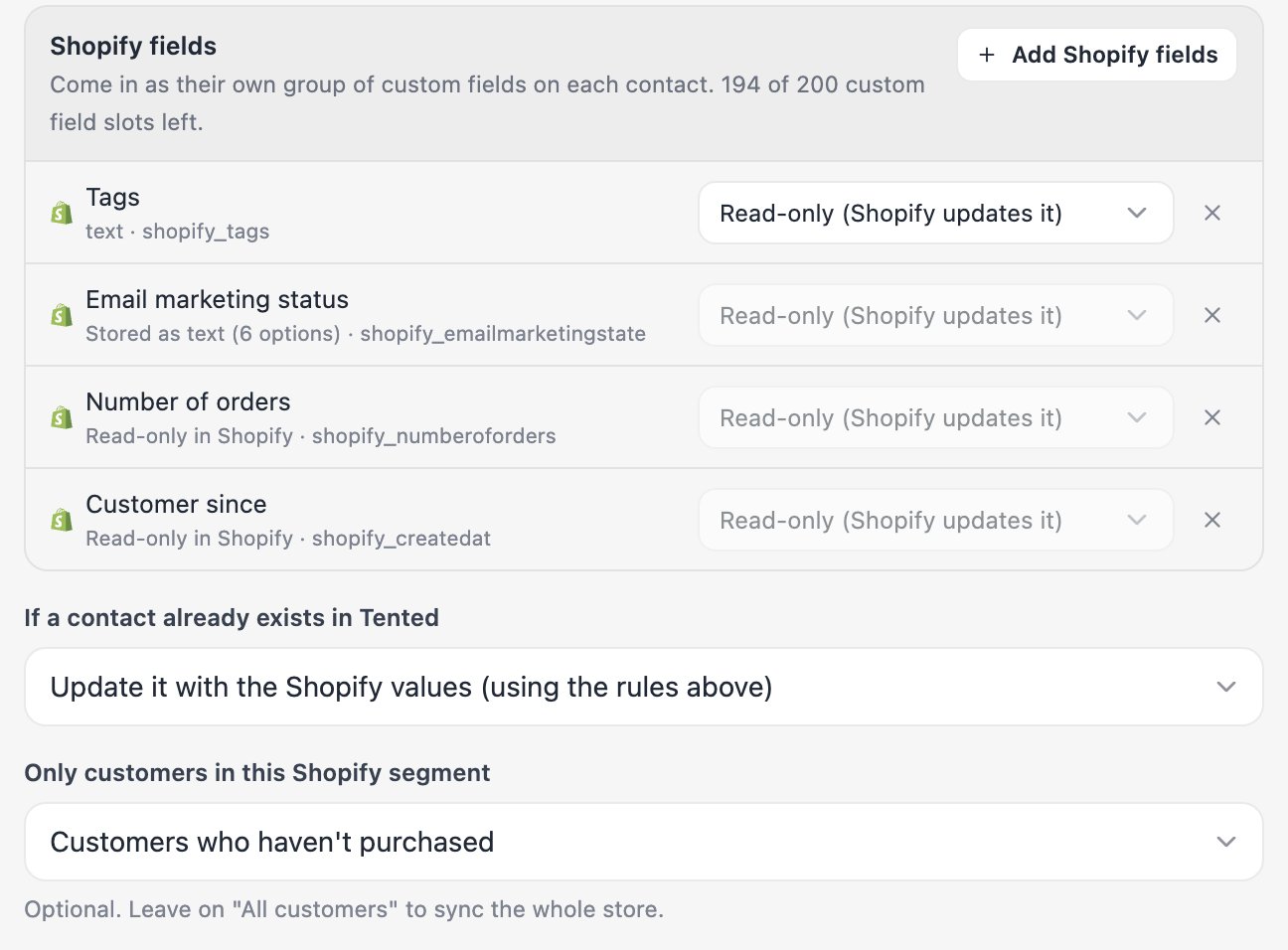 Shopify fields added to the sync, the duplicates choice, and the segment the sync is limited to.