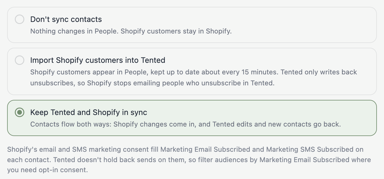 The Contacts step: the three sync options and the note on email and SMS consent.