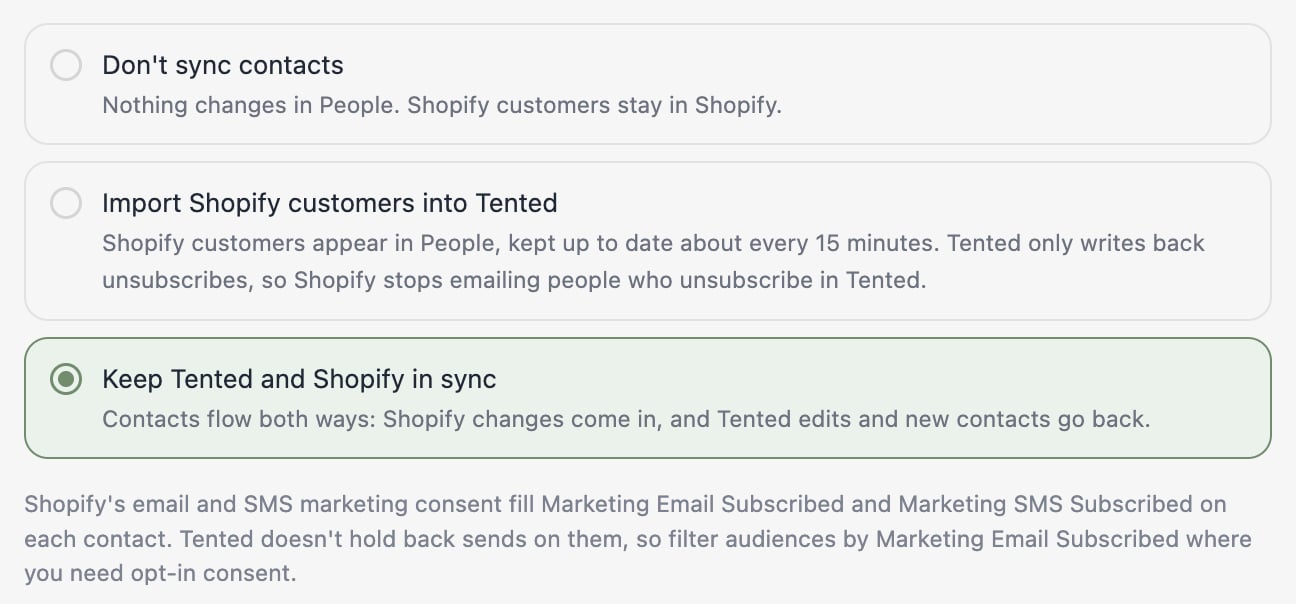 The Contacts step: the three sync options and the note on email and SMS consent.