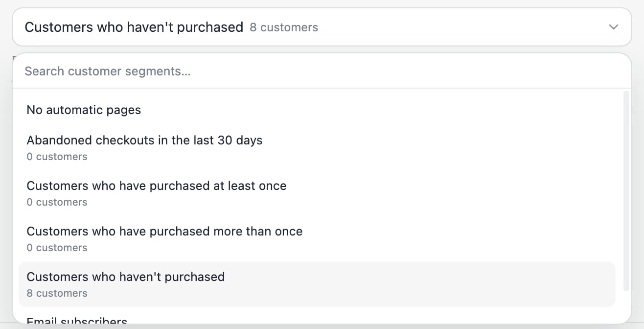 The segment picker, listing each Shopify segment with its number of customers.
