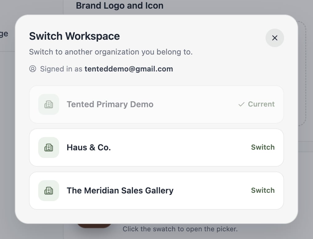 A screenshot of the Switch workspace dialog listing three workspaces, with the current one marked Current and the others offering a Switch button.