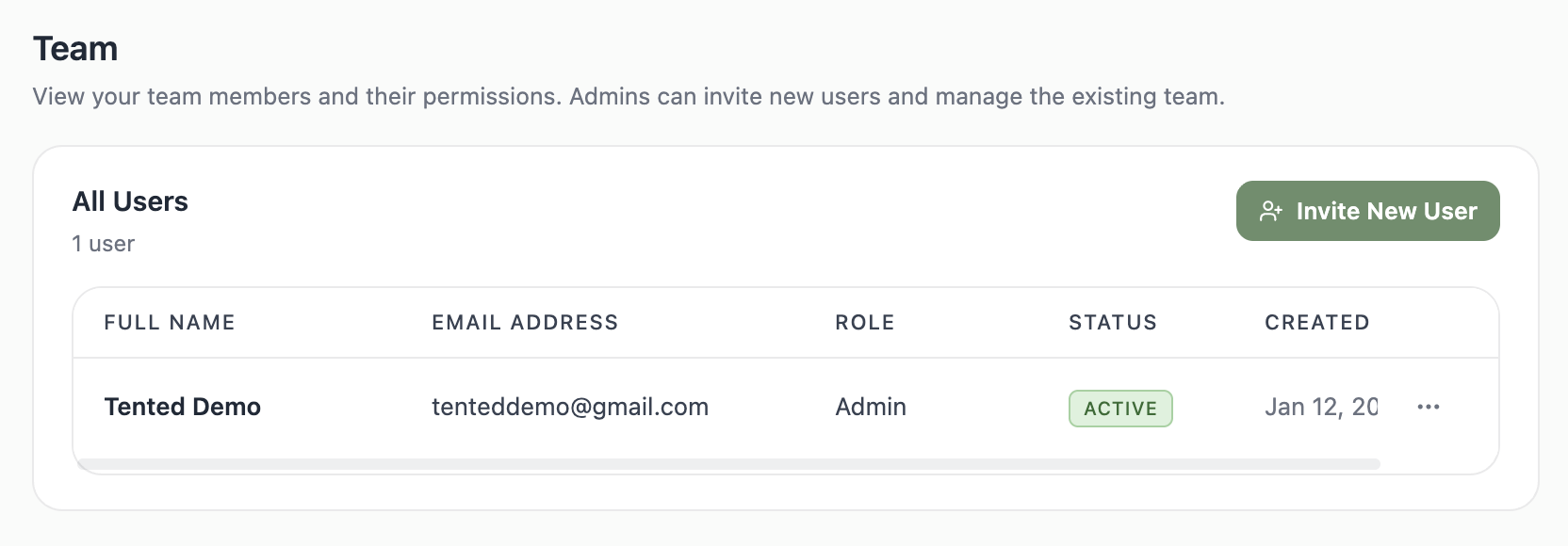A screenshot of the Team section of Settings with the All Users table and the Invite New User button.