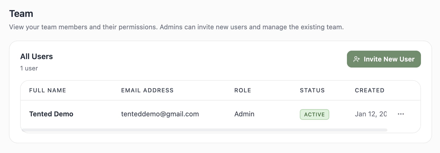 A screenshot of the Team section of Settings with the All Users table and the Invite New User button.