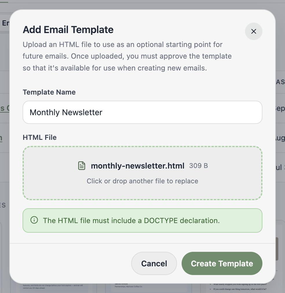 A screenshot of the Add Email Template dialog with a template name and an HTML file selected.