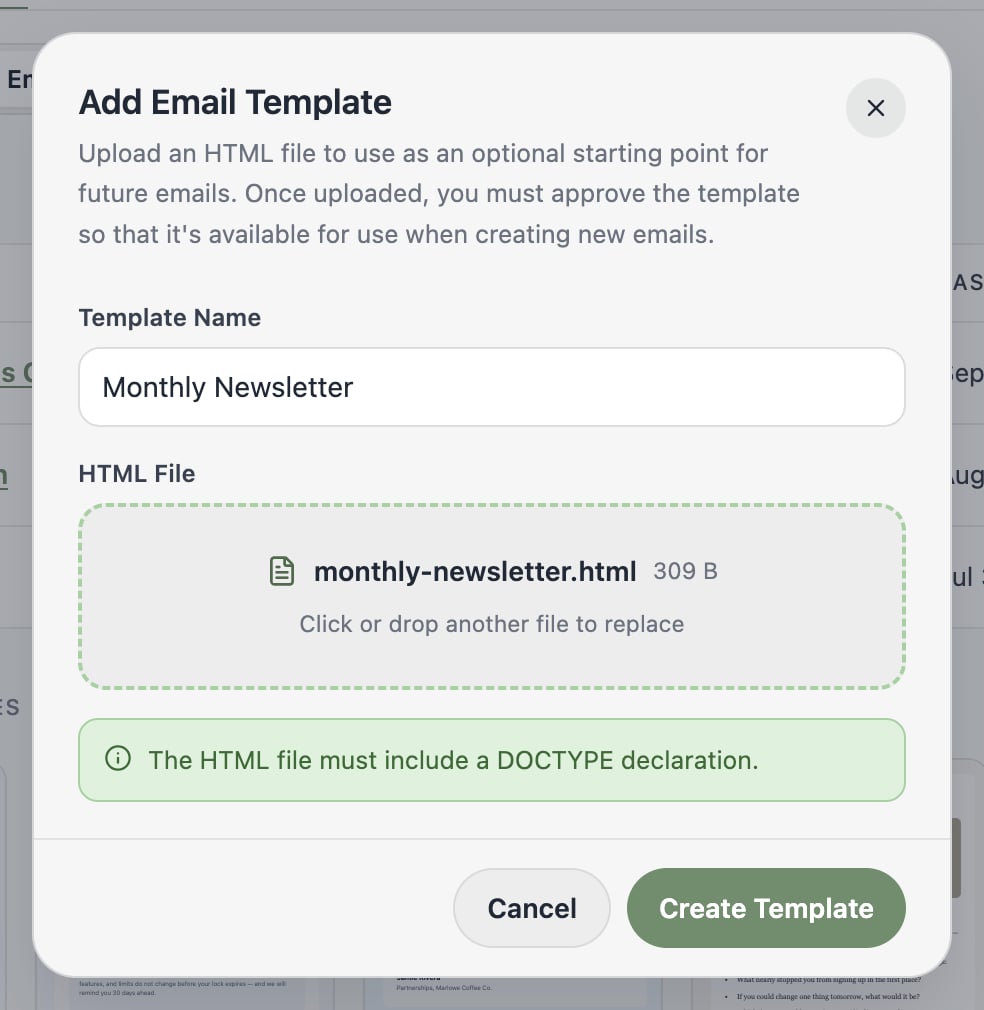 A screenshot of the Add Email Template dialog with a template name and an HTML file selected.