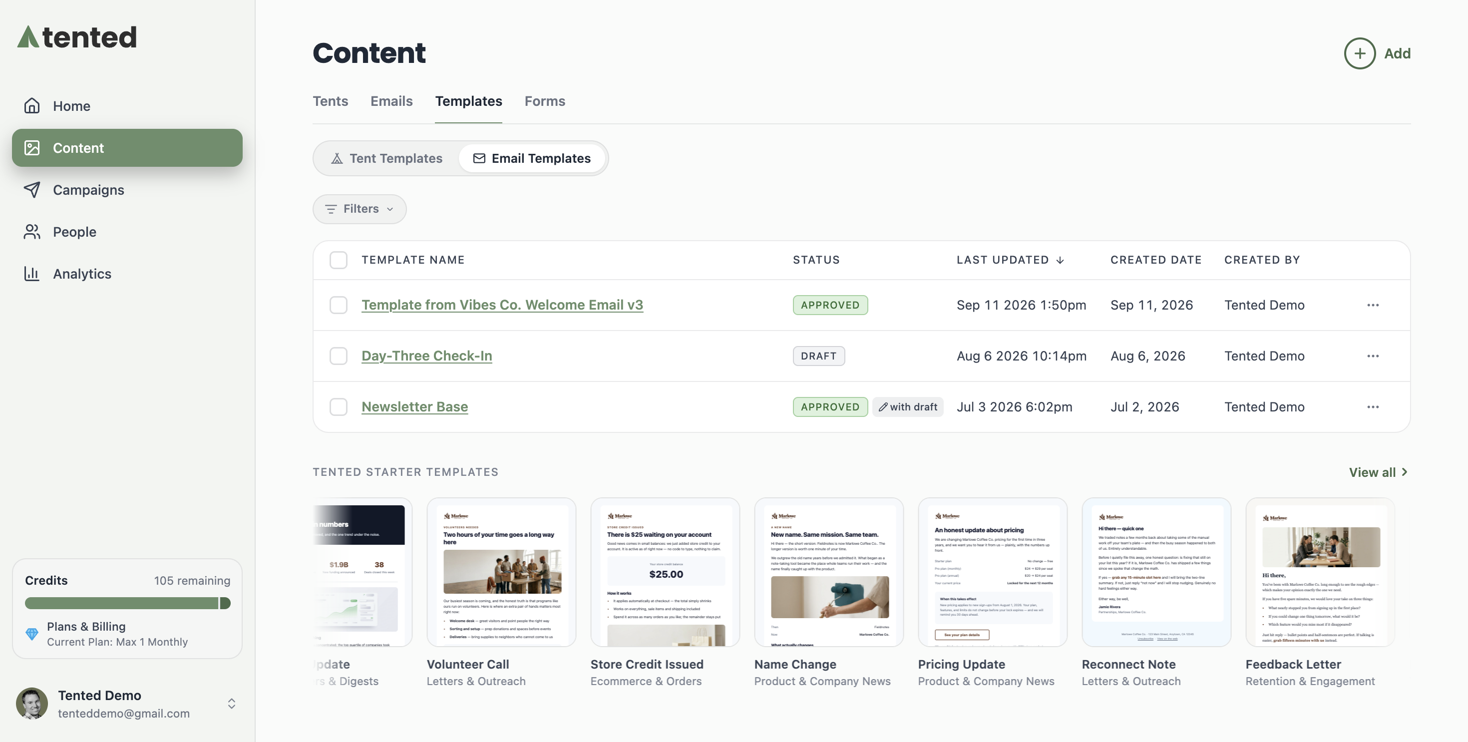 A screenshot of the Templates list showing a template with an APPROVED status badge.
