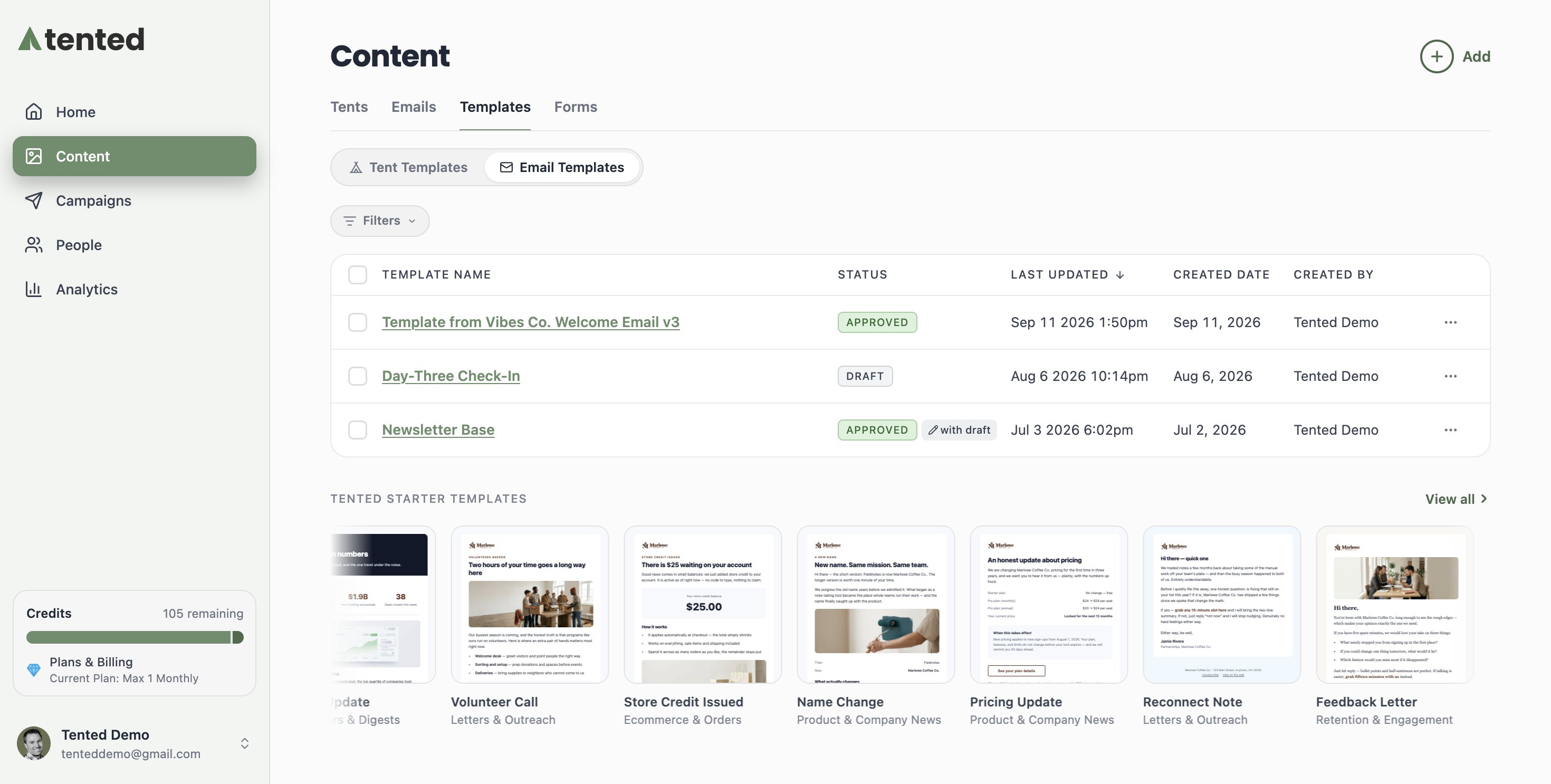 A screenshot of the Templates list showing a template with an APPROVED status badge.