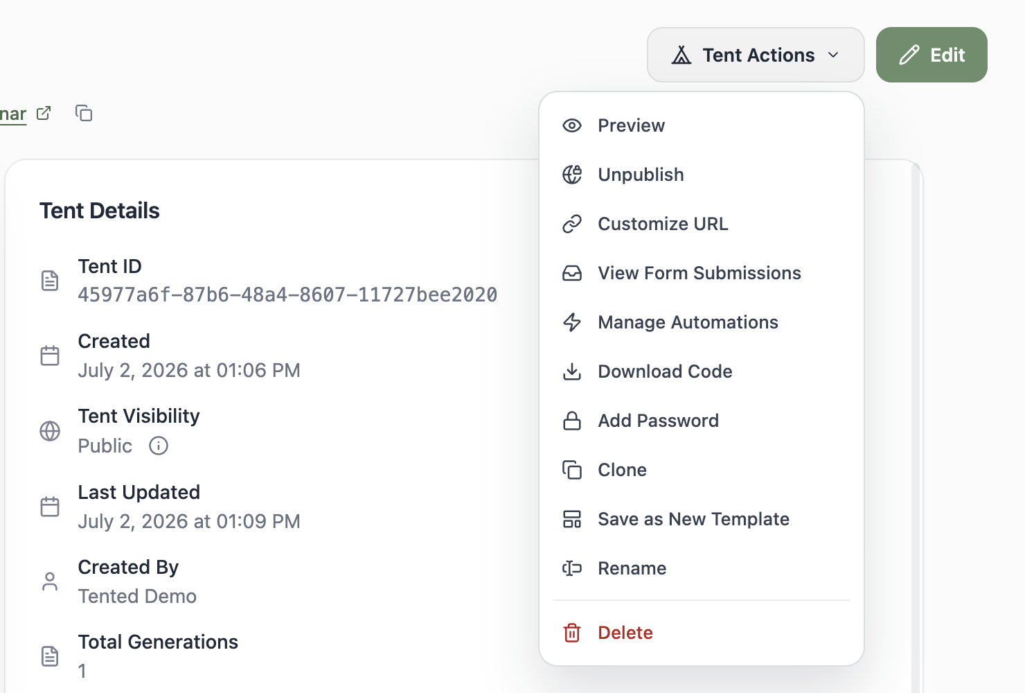 A screenshot of the Tent Actions menu with Preview, View Form Submissions, Manage Automations, Add Password, Download Code, Clone, Save as New Template, Customize URL, Unpublish, Rename, and Delete options.