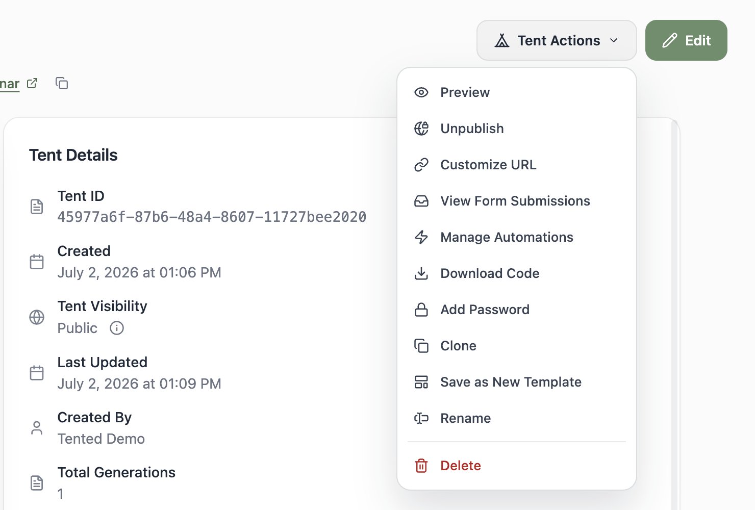 A screenshot of the Tent Actions menu with Preview, View Form Submissions, Manage Automations, Add Password, Download Code, Clone, Save as New Template, Customize URL, Unpublish, Rename, and Delete options.