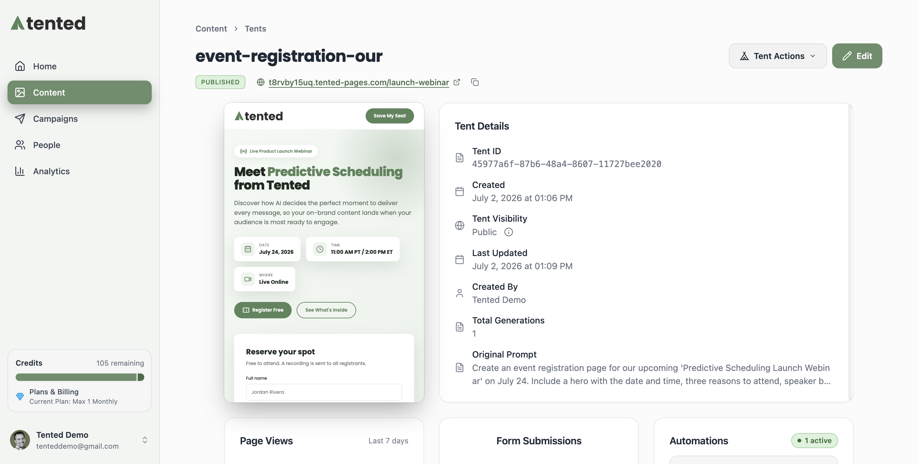 A screenshot of the Tent Details page showing the tent preview, details panel, published status, and live URL.