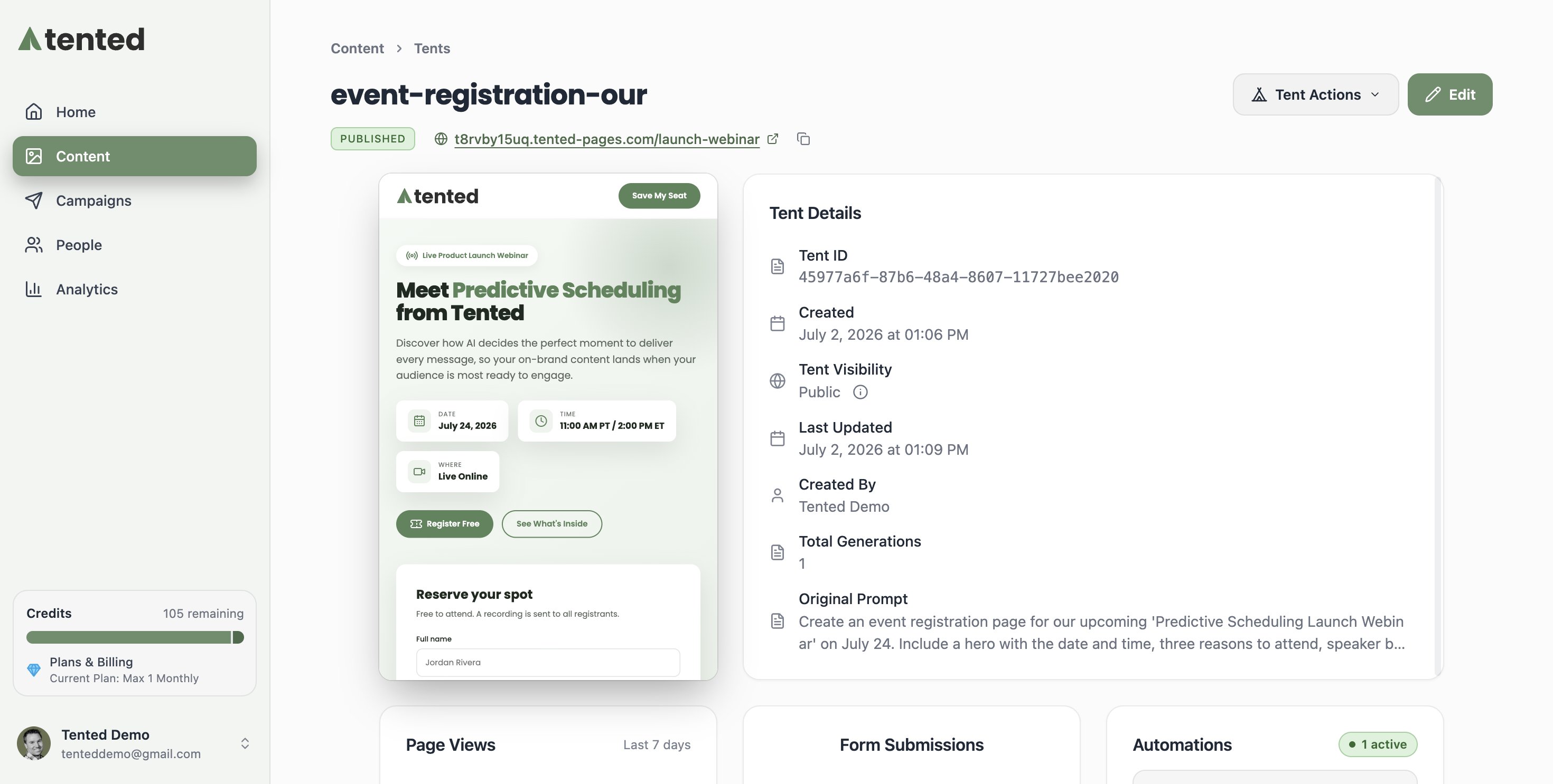 A screenshot of the Tent Details page showing the tent preview, details panel, published status, and live URL.