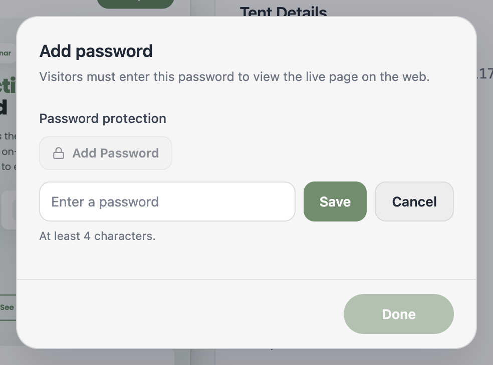 A screenshot of the Add password panel with a password field noting a 4-character minimum.