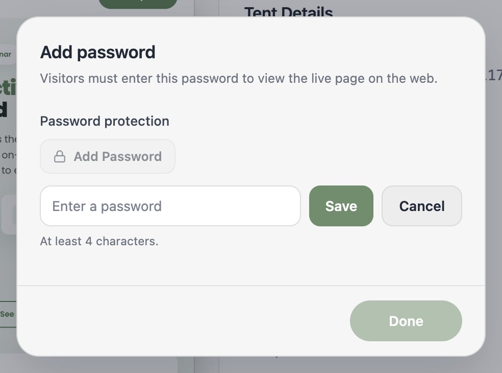 A screenshot of the Add password panel with a password field noting a 4-character minimum.