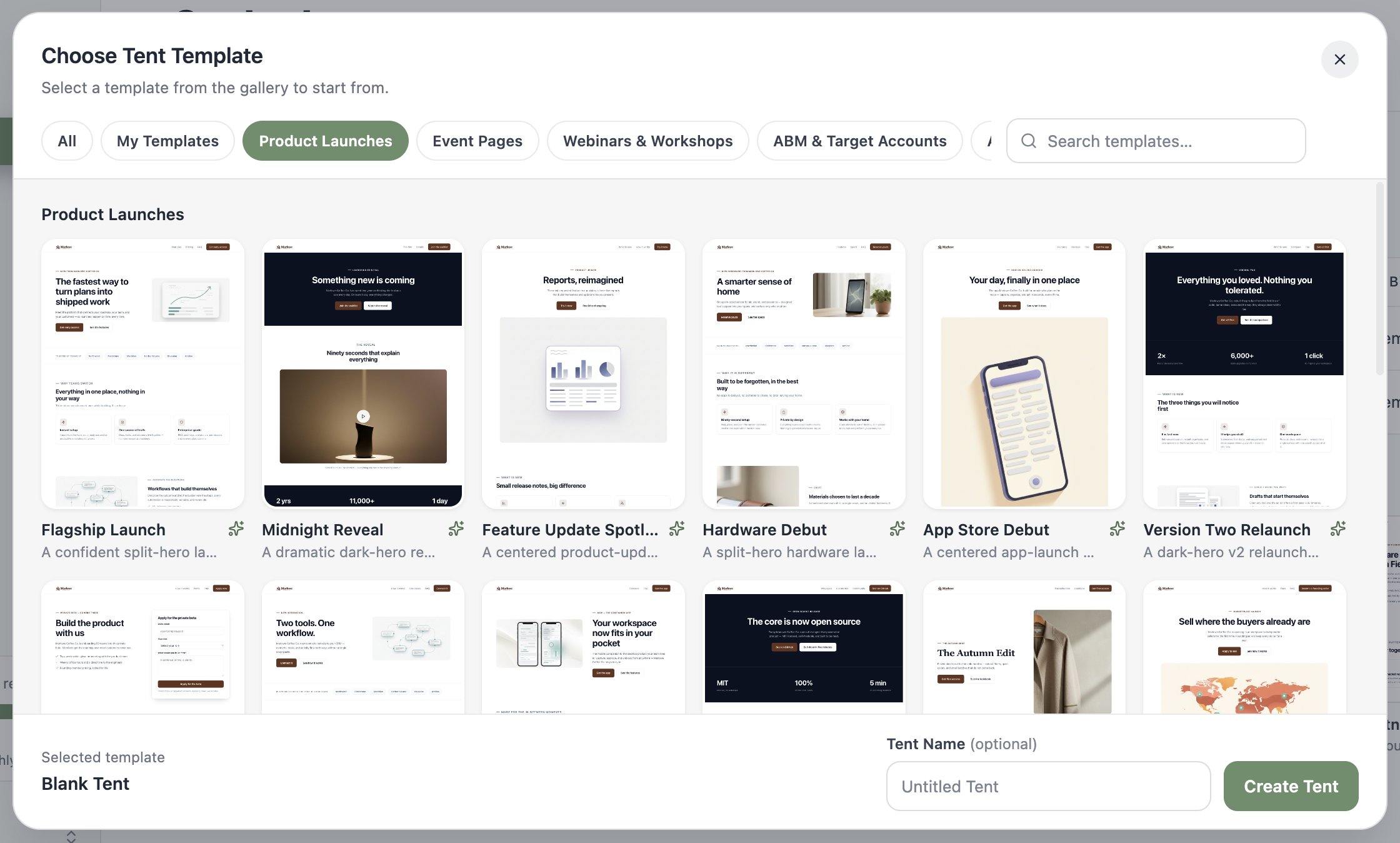 A screenshot of the Choose Tent Template gallery showing category filters, search, and rows of example landing page templates all rendered with the workspace's branding.