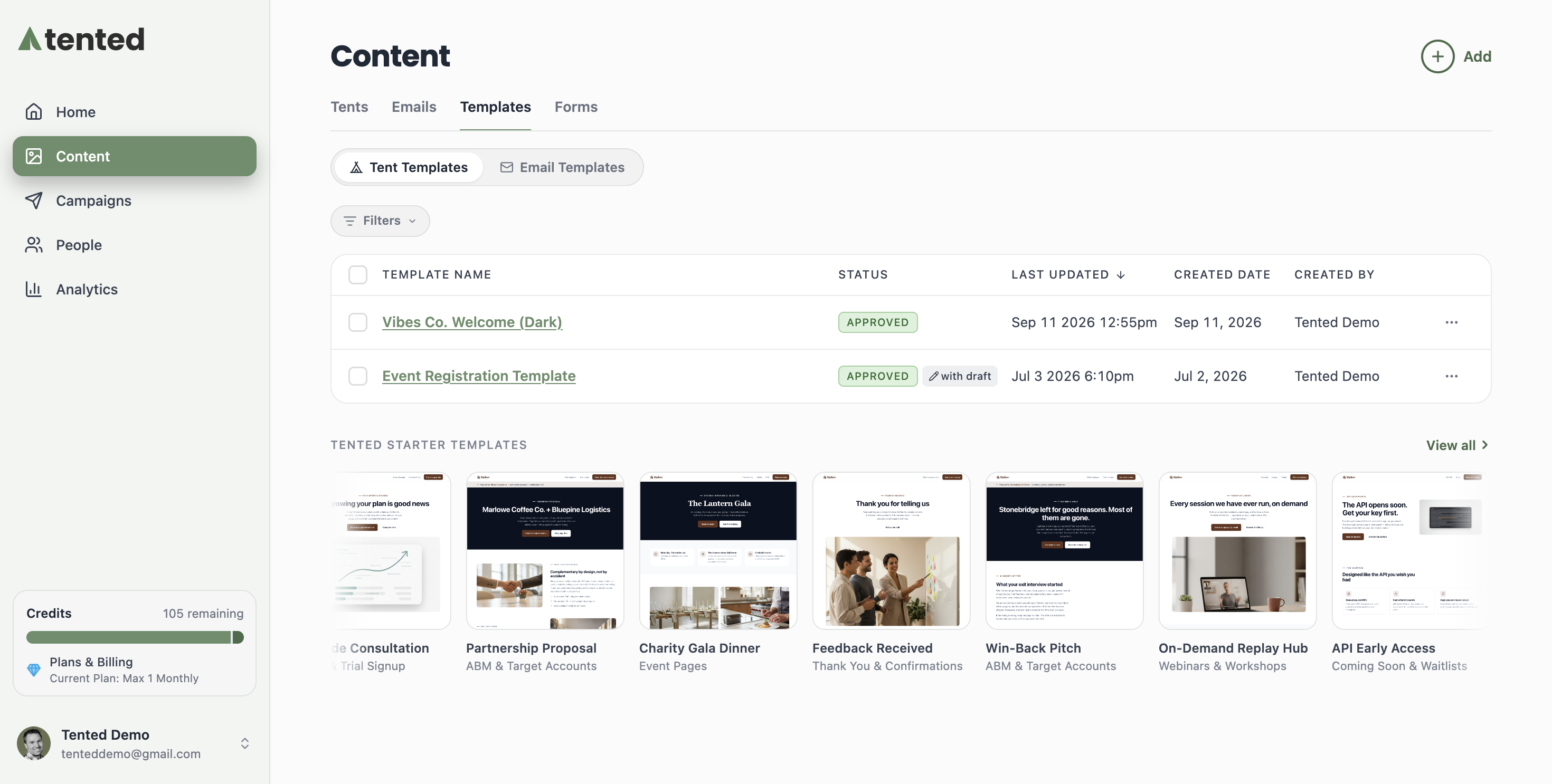 A screenshot of the Templates tab showing an approved Event Registration Template.