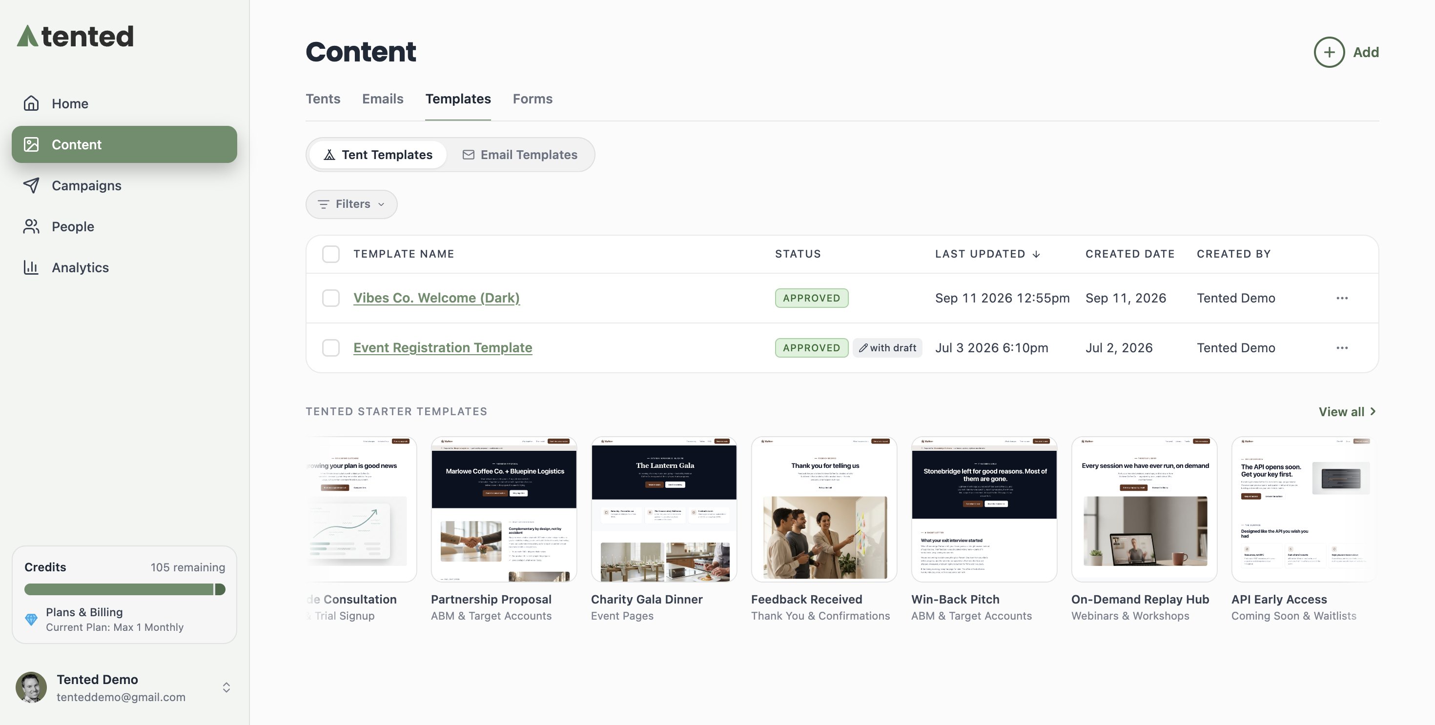 A screenshot of the Templates tab showing an approved Event Registration Template.