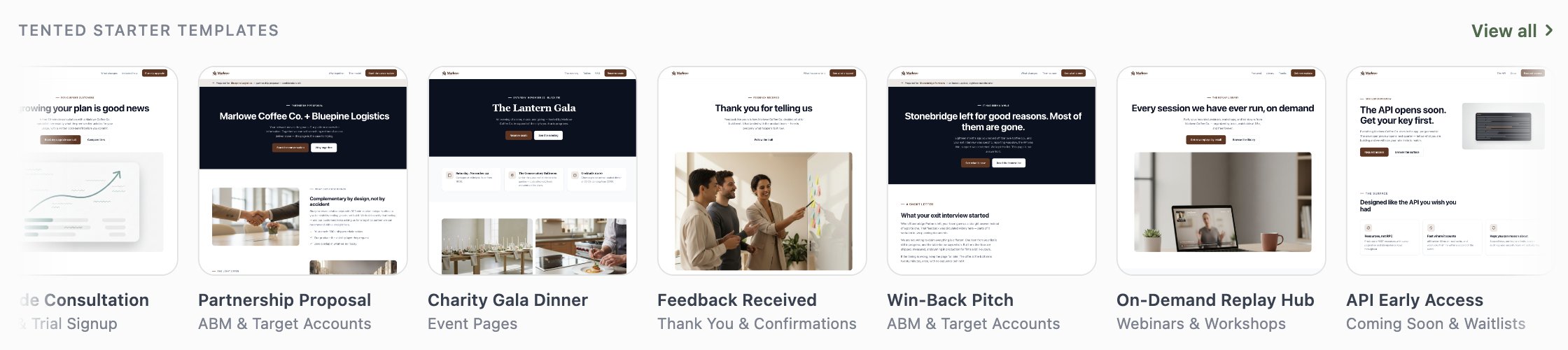 A screenshot of the Tent Templates tab showing the Tented Starter Templates row rendered in the workspace's Vibes Co. branding, with Preview and Use buttons on the hovered card.