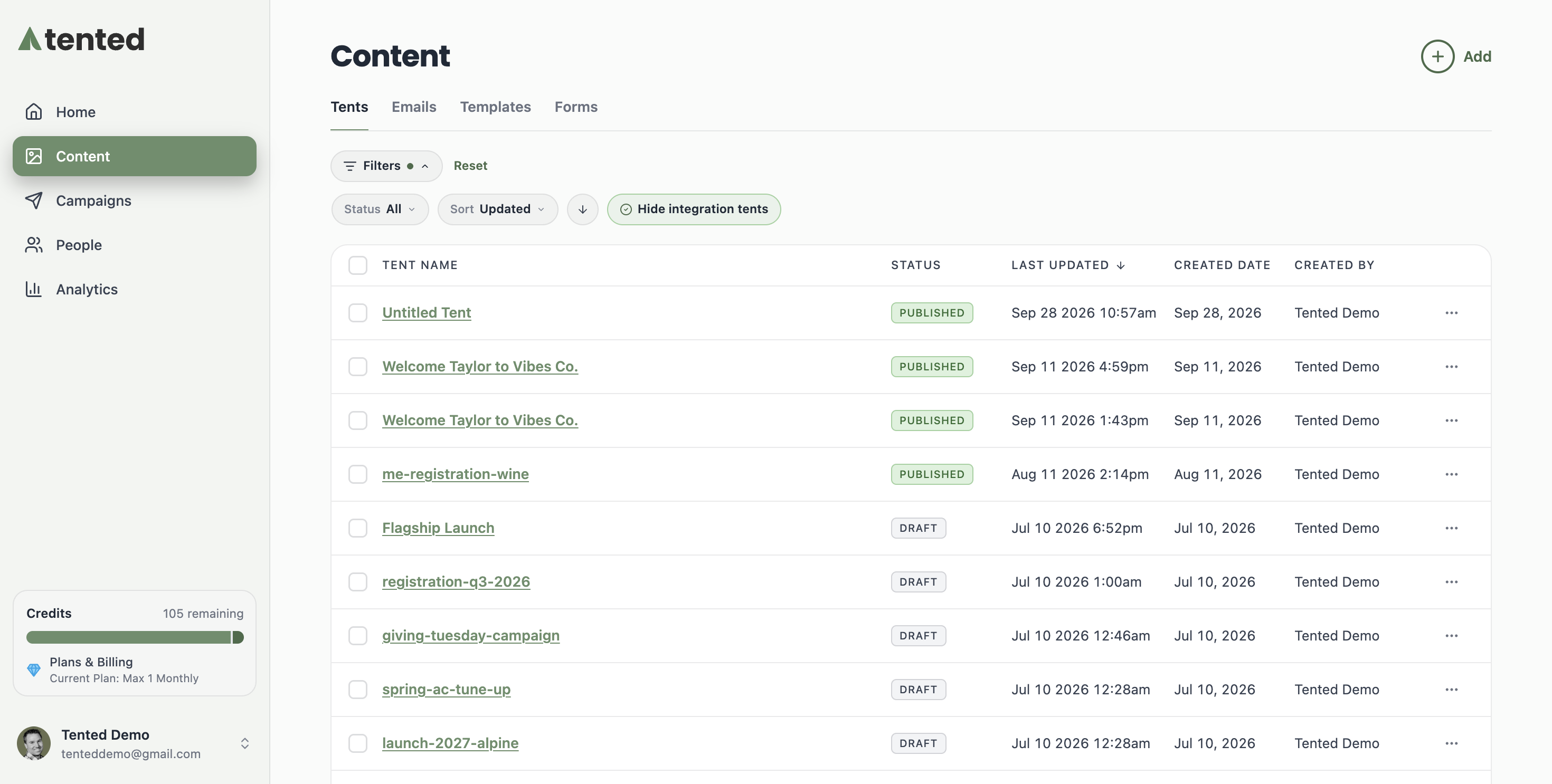A screenshot of the Tents tab in Content.