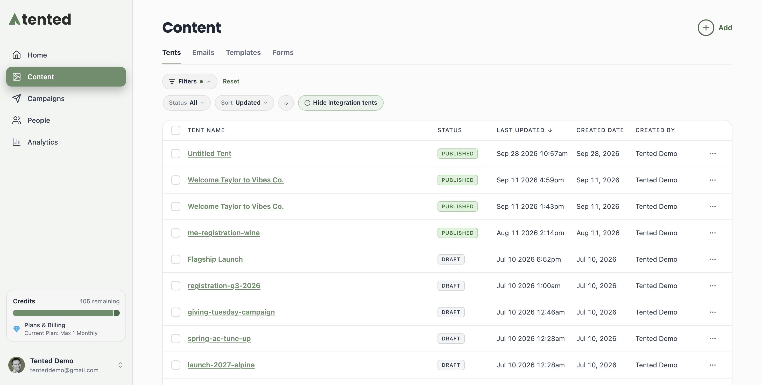 A screenshot of the Tents tab in Content.