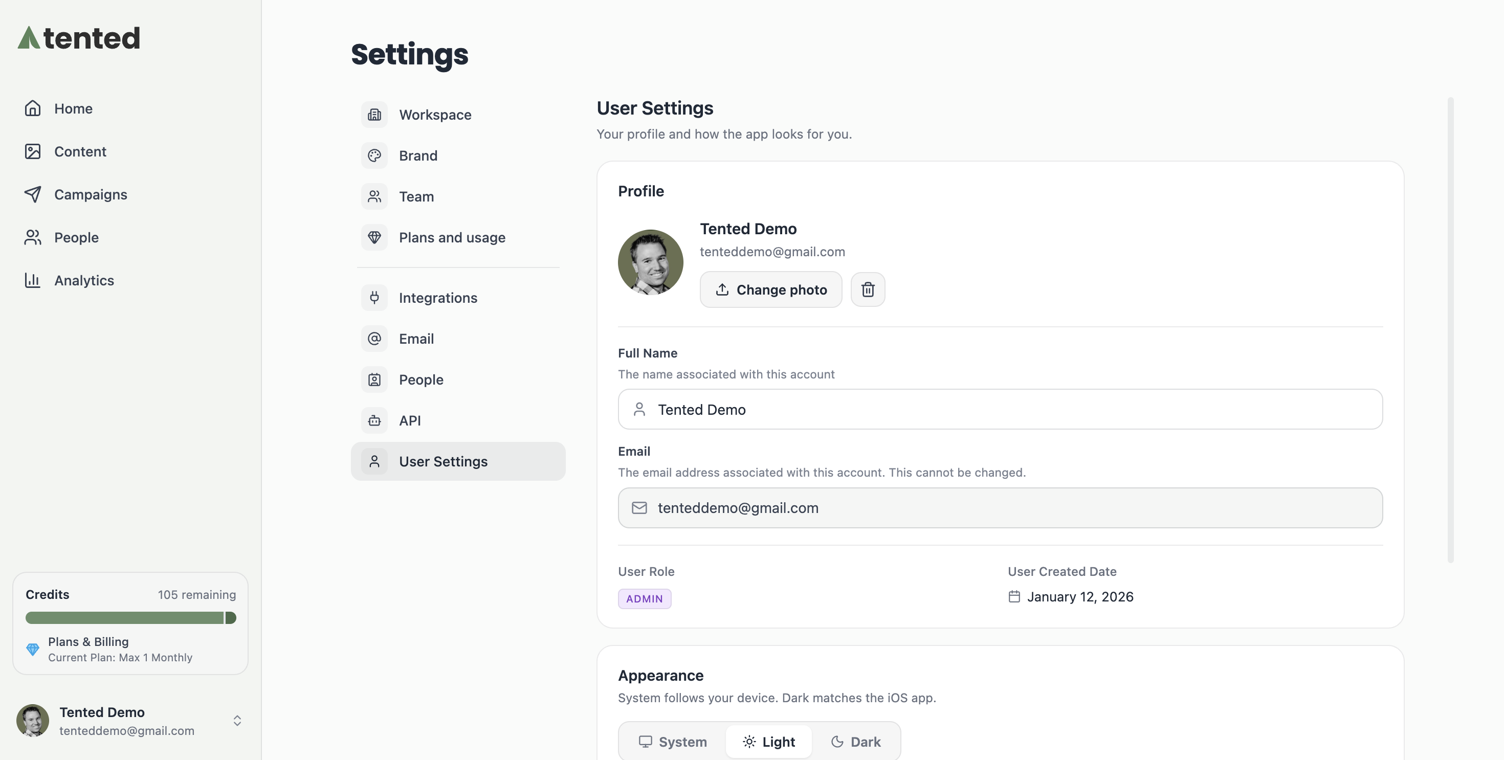 A screenshot of User Settings with profile photo, full name, email, role badge, created date, and the Appearance panel.