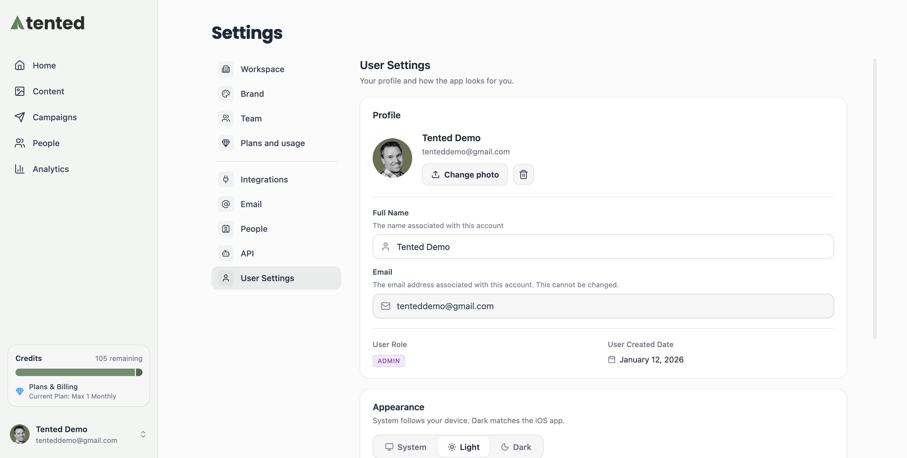 A screenshot of User Settings with profile photo, full name, email, role badge, created date, and the Appearance panel.
