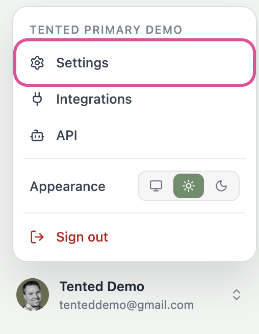 A screenshot of the profile menu with the Settings item highlighted.