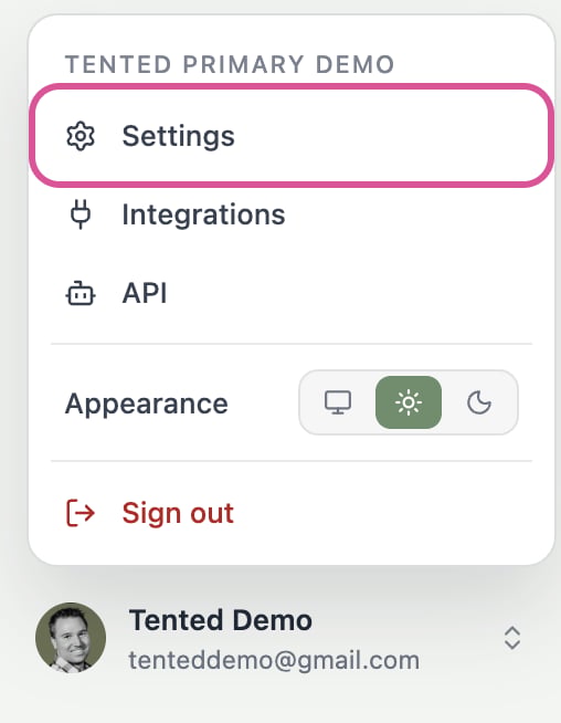 A screenshot of the profile menu with the Settings item highlighted.