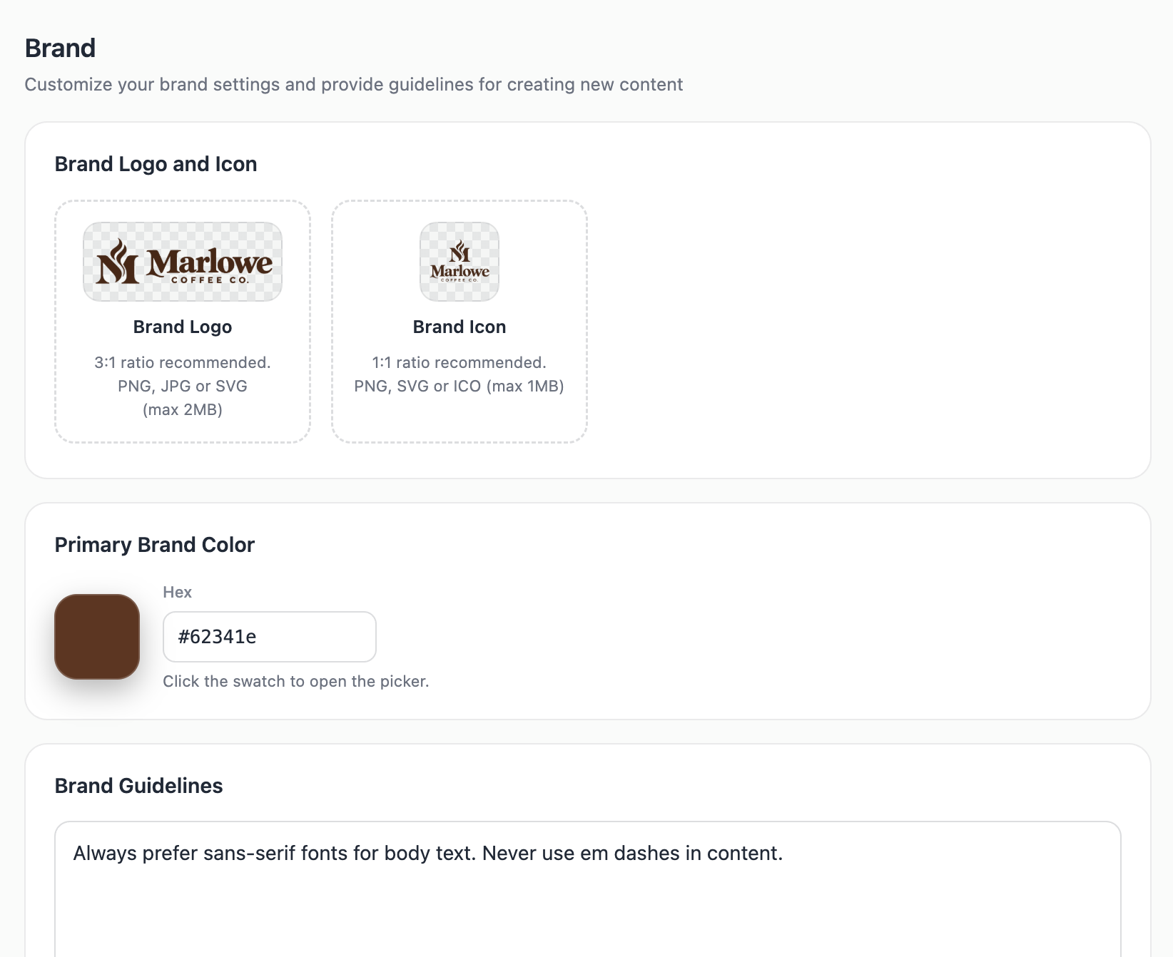 A screenshot of the Brand section of Settings.