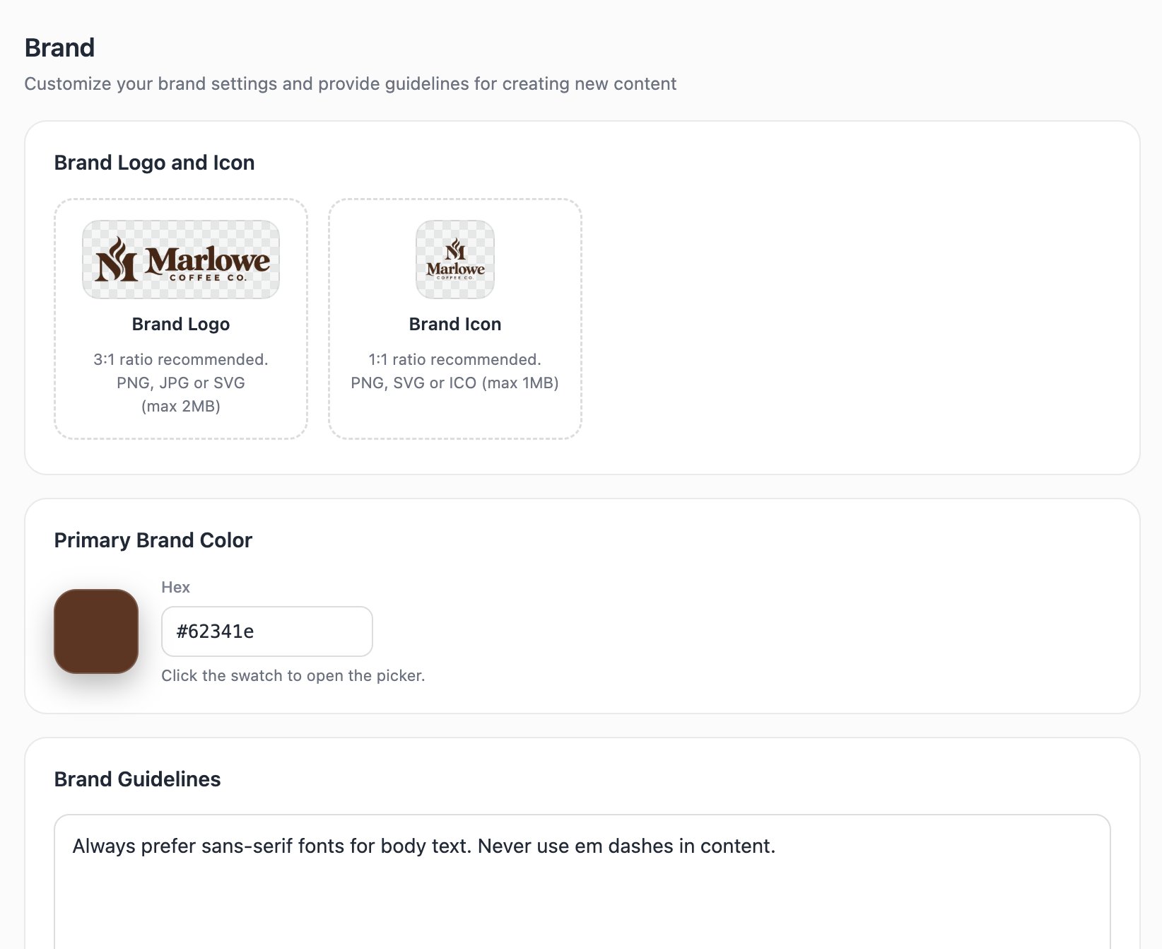 A screenshot of the Brand section of Settings.