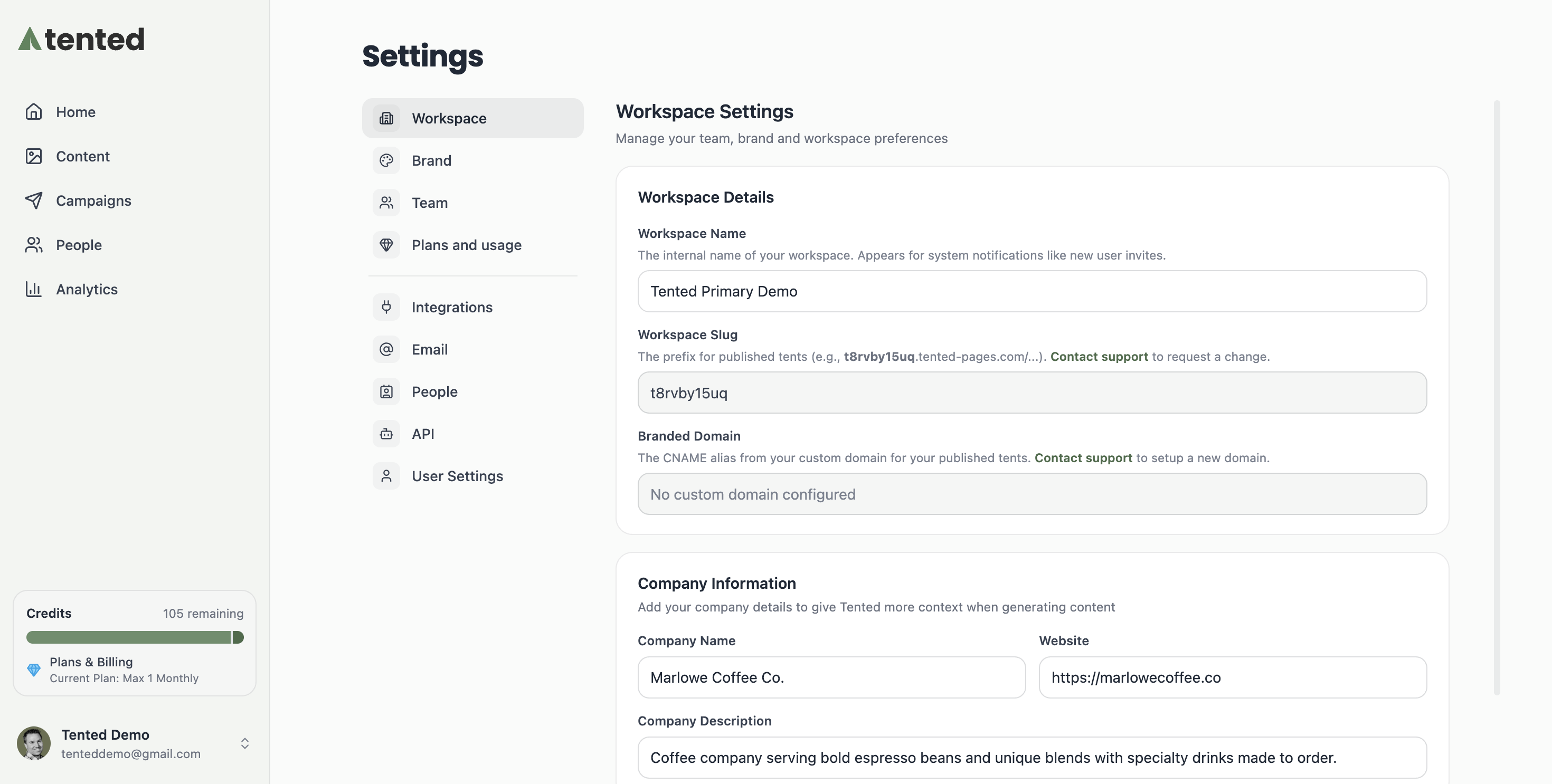 A screenshot of the Settings page on the Workspace section, showing Workspace Details and Company Information.