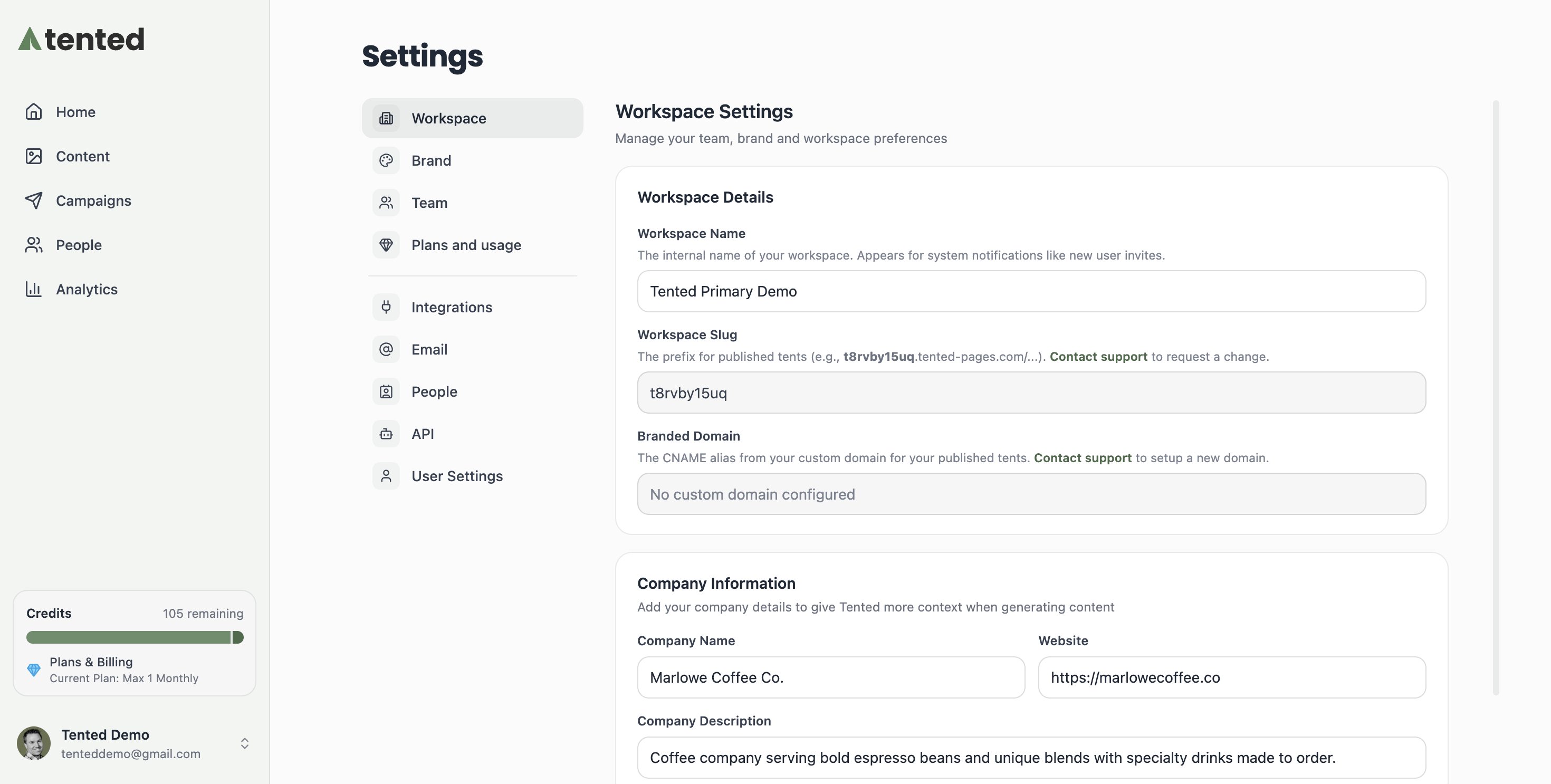A screenshot of the Settings page on the Workspace section, showing Workspace Details and Company Information.