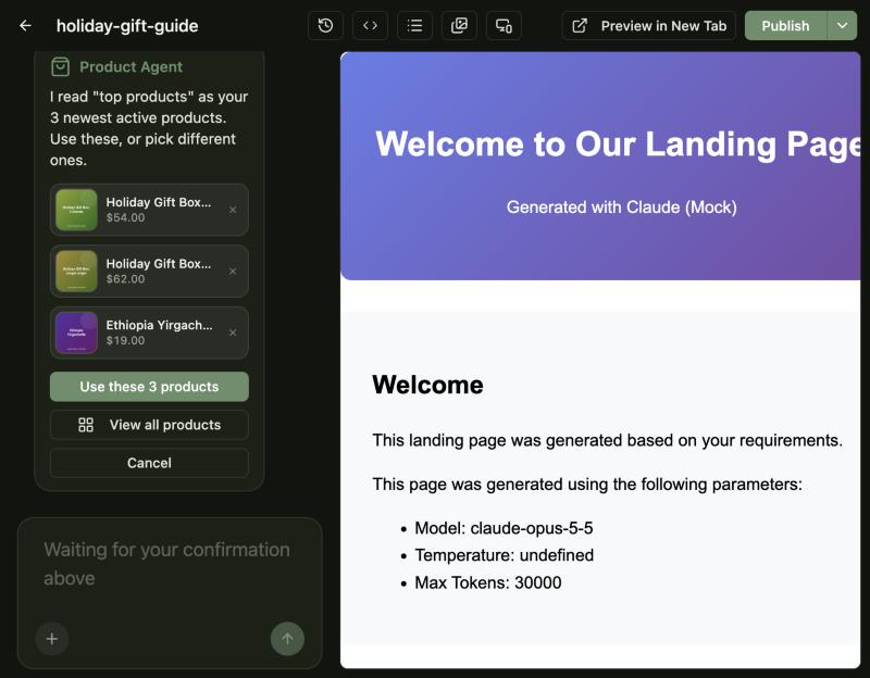 The Product Agent card in the editor chat, listing three products with thumbnails and prices, with Use these 3 products, View all products and Cancel buttons.