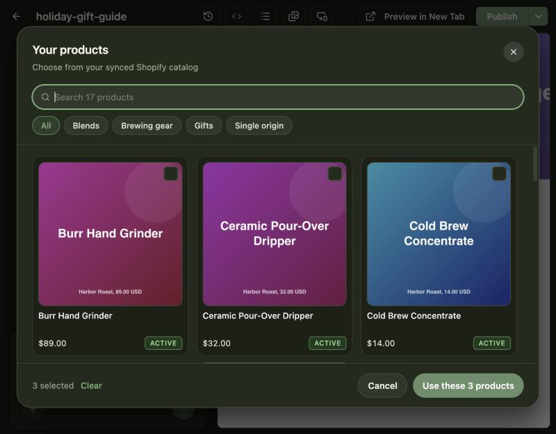The Your products window: a search field, collection filters, and a grid of product cards with prices and status chips.