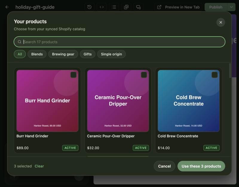 The Your products window: a search field, collection filters, and a grid of product cards with prices and status chips.