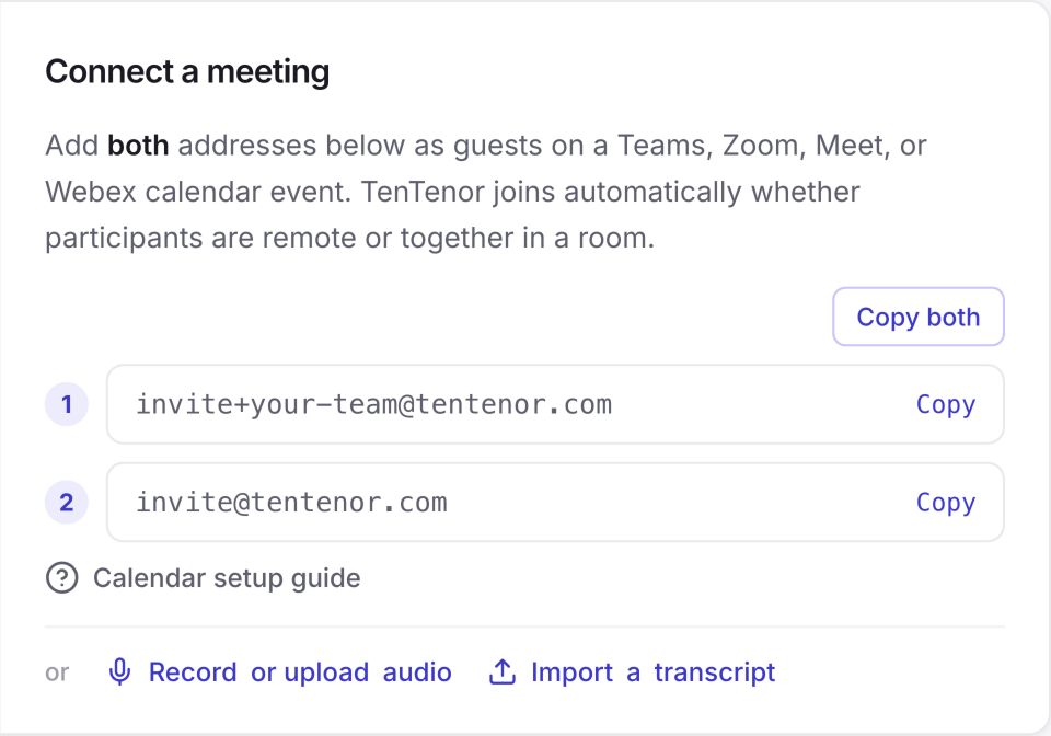 Connect a meeting panel with a Copy both button above the team's two invitation addresses.