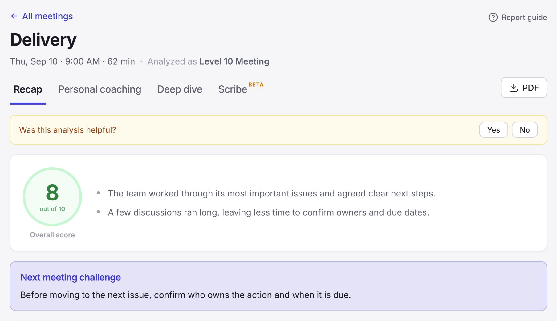 Meeting report showing the Recap, Personal coaching, Deep dive, and Scribe tabs, the PDF button, an example score, and a next-meeting challenge.