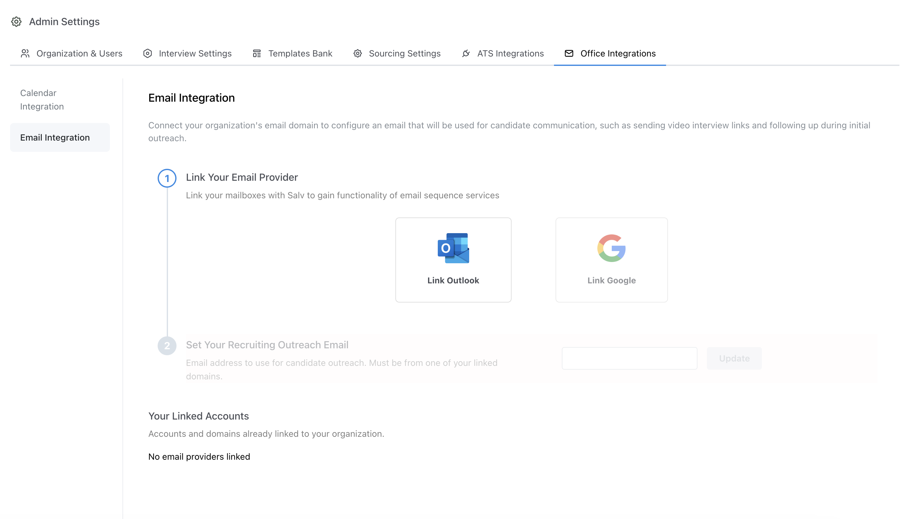 Email integration setup screen