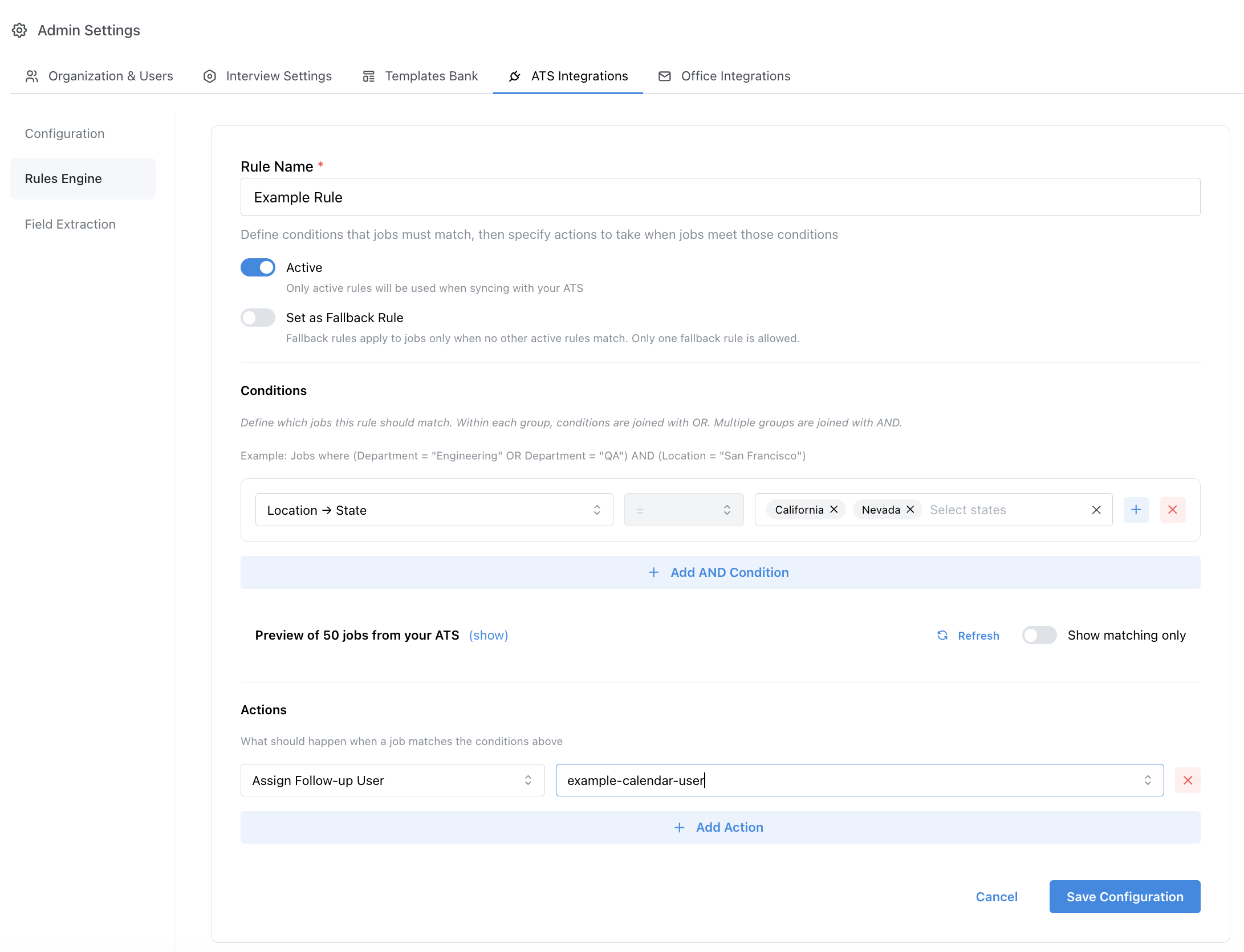 Calendar integration setup screen