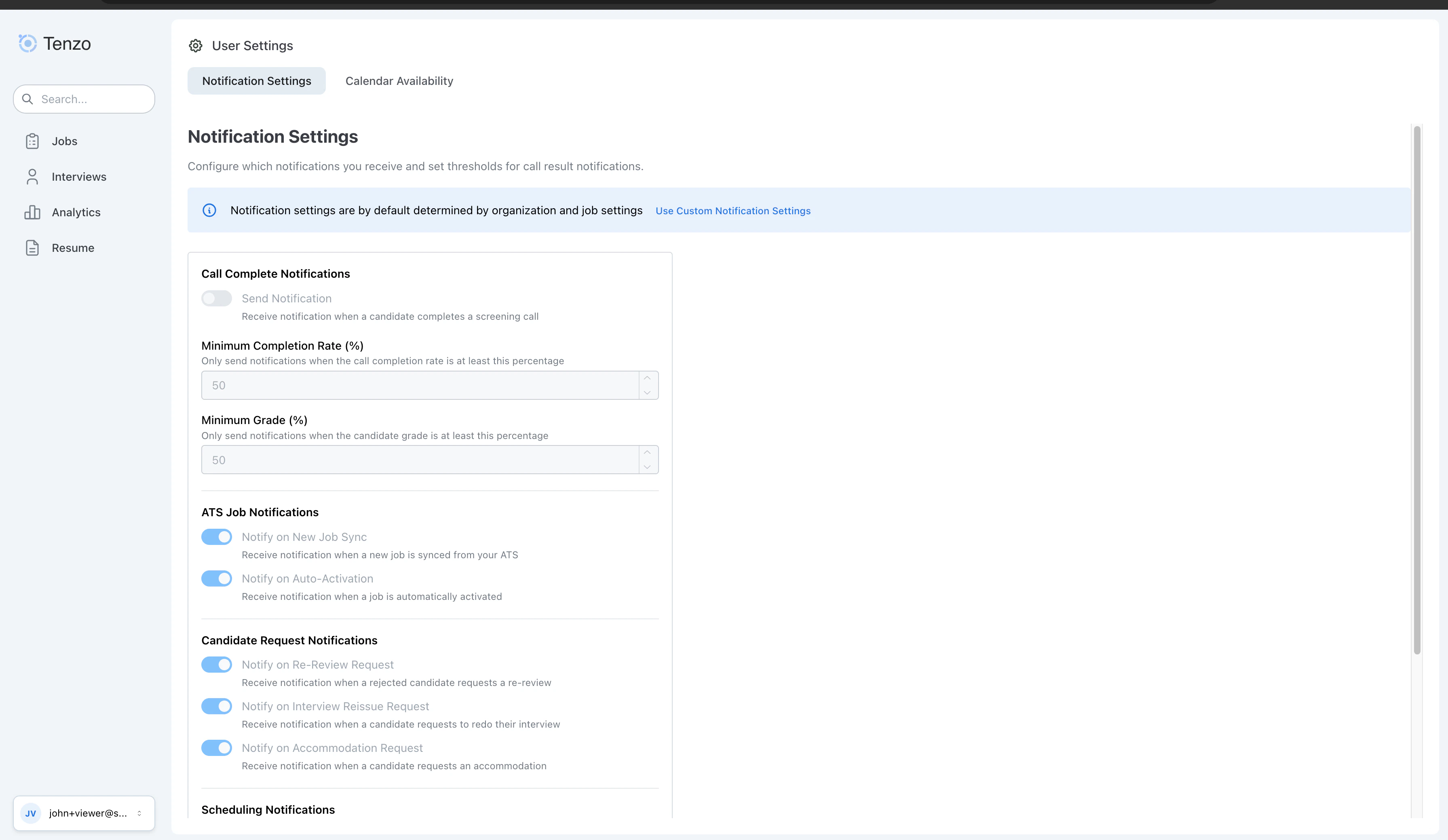 Toggle between organization defaults and custom settings