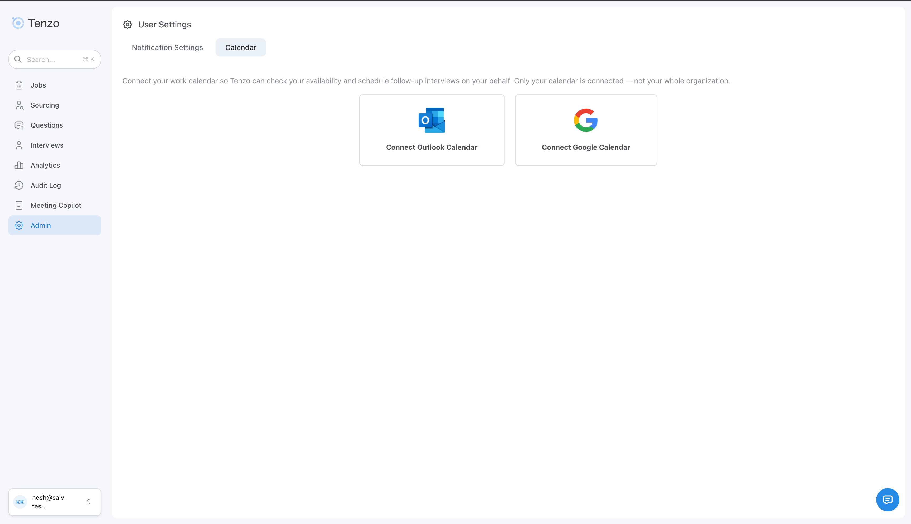 Connect Google or Outlook calendar from user settings