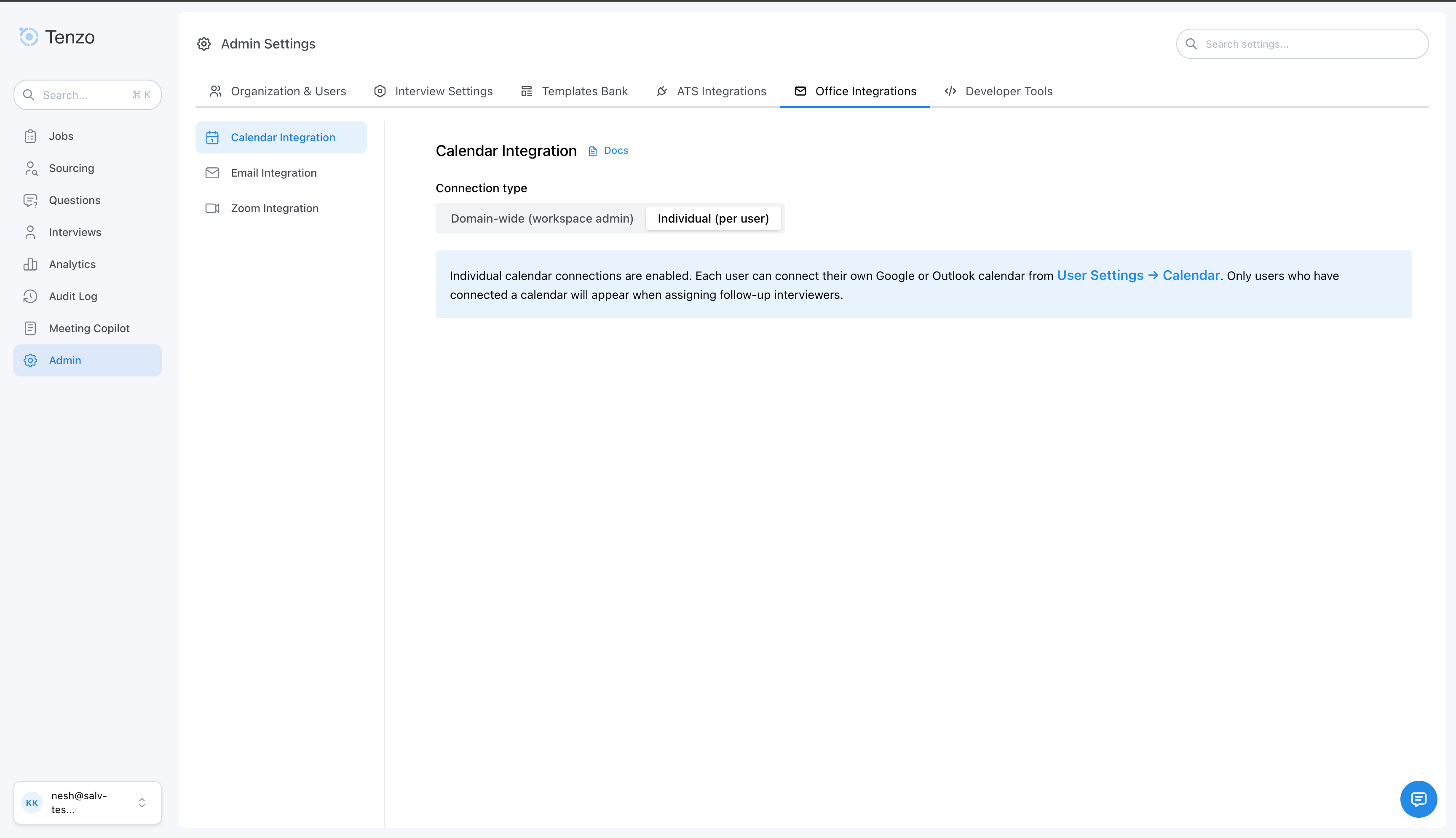 Individual calendar integration enabled in admin settings