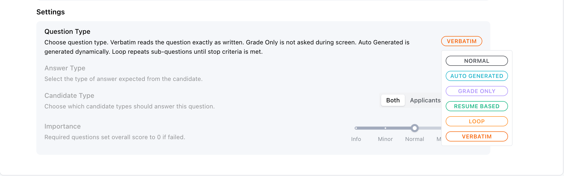 Question Type menu showing Normal, Auto Generated, Grade Only, Resume Based, Loop, and Verbatim options